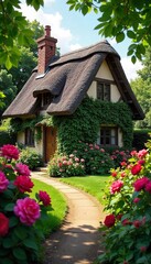 Charming Thatched Cottage in Vibrant Rose Garden, Soft Sunlight, Perfect for Travel and Lifestyle Photography