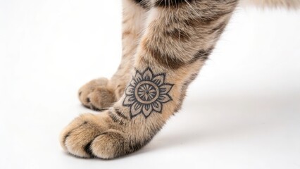 Cat with intricate floral tattoo on its paw displayed against a clean white background