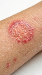 Close up view of ringworm infection on skin, showcasing the texture and color on a white background