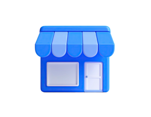 3D rendered blue storefront icon, featuring an awning, door, and window