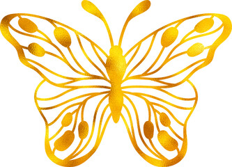 Golden foil butterfly, textured, ornate abstract wings. Luxury and elegant decorative element.
