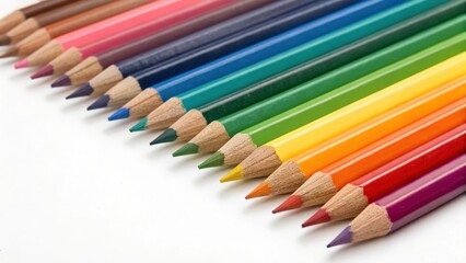 Colorful collection of colored pencils arranged in a rainbow pattern on a white background