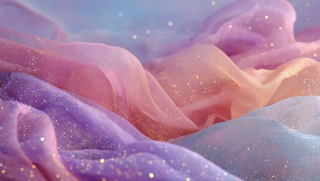 Delicate, flowing fabrics in soft, pastel shades of pink, purple, and blue, accented with golden glitter