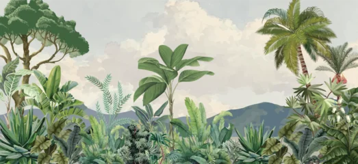 Fotobehang Jungle Tropical garden wall Mural Illustration, Tropical Background, Watercolor Background.  © Sharif