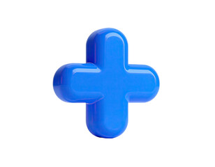 Fototapeta premium Glossy, 3D-rendered, light blue plus sign isolated on a stark black background