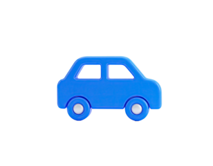 Blue 3D cartoon car icon with two windows and wheels on a black background