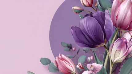 Obituary Template. Botanical Funeral Invitation with Tulip Bouquet in Purple Tone