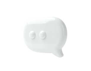 Glossy, white, 3D speech bubble with rounded corners, two dots, and a tail