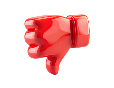 Glossy, red, 3D rendered thumbs down gesture on a black background