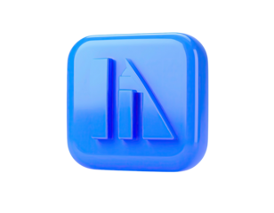 Blue, glossy, 3D icon on black; stylized "i" with a slanted bar