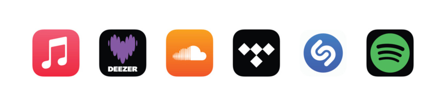 Spotify audio streaming and media services logo set. Apple music, SoundCloud, Deezer, Tidal. Vector editorial illustration