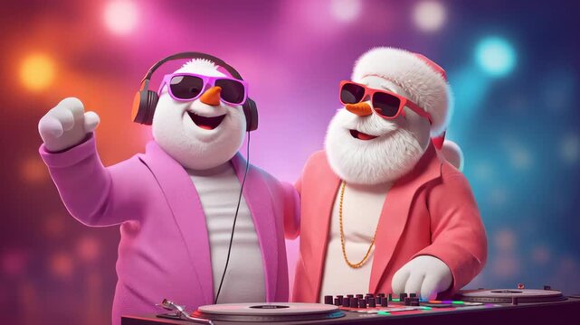 Animated snowmen DJs in vibrant attire, joyfully engaging with music equipment, showcasing a lively party atmosphere, celebrating friendship and fun through rhythmic beats and colorful lights