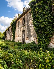 Abandoned building overgrown with ivy