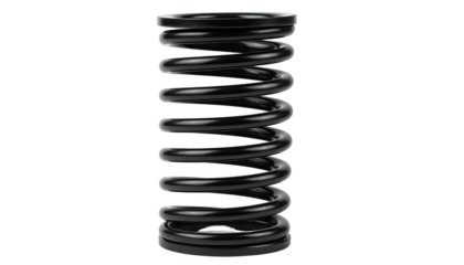 A close-up of a glossy, black coiled spring with a dark background