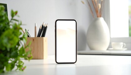 Smartphone with a blank screen on a white desk, with plants, pencils, and a vase with dried flowers