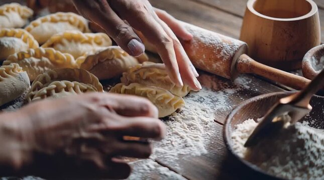 Close-up of hands preparing pierogi on a wooden table dusted with flour, capturing a traditional cooking moment.

