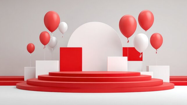 Patriotic Stage. Simple Stage Display with Red and White Geometrical Shapes for Indonesia's 17th Anniversary Celebration - Powered by Adobe