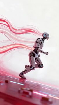 Dynamic Silver Robot Sprinting with Red Motion Blur Trails on Light Background.