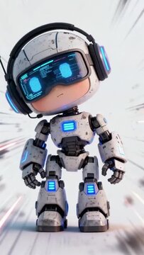 Dynamic Futuristic Robot with HUD Visor and Neon Blue Accents on White Background.