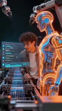 Human and Robot Collaborating with Holographic Interface in Modern Factory.