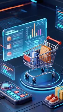 ​​Futuristic E-commerce Dashboard with Holographic Analytics and Digital Shopping Cart​。