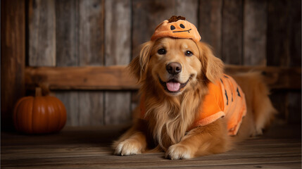 Golden retriever dog in pumpkin costume for halloween cute pet photography ideas