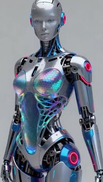 ​​Advanced Female Humanoid Robot with Red LED Headset and Hexagonal Core Lighting​​.

