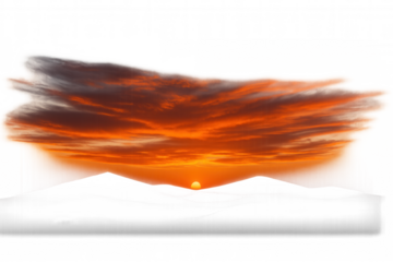 Sunset or sunrise golden sky with bright sun and dramatic fiery clouds against a transparent background