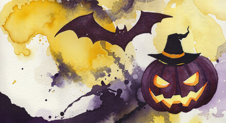 An ominous jack-o'-lantern pumpkin in a witch's hat against a dark sky with a silhouette of a huge bat and yellow-purple watercolor streaks.