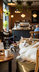 Relaxed Cat in a Cozy Coffee Shop.