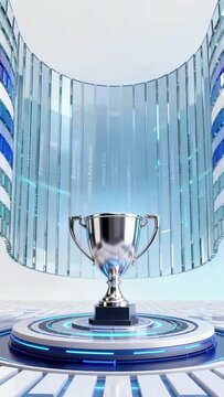 Modern Corporate Award Trophy with Binary Code Data Stream and Blue Accent Lighting​​.
