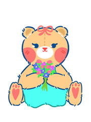 Teddy bear carrying a bouquet of flowers