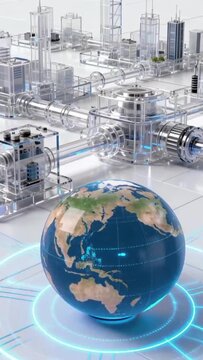 Futuristic Smart City with Global Network Connection, Transparent Urban Architecture and Data Flow Around Planet Earth.