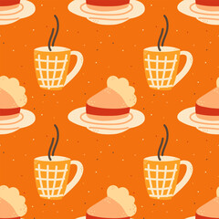 Autumn pattern. Background of home bakery, pie, coffee and tea cup. Seamless pattern for fabric, textiles, clothing, wrapping paper, cover, banner, home decor, abstract background.