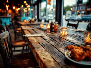 a rustic dining area with a long wooden table, hanging light fixtures, and a plate of fried food on the table.