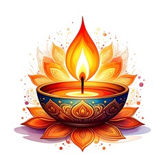 Diwali Celebration - A Lit Diya Lamp with Lotus Petals.