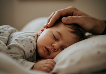 Sleeping baby with hand gently touching head in close up shot