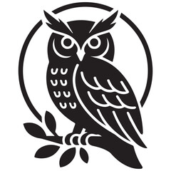 Fototapeta premium A detailed black silhouette of an owl perched on a branch within a circle silhouette