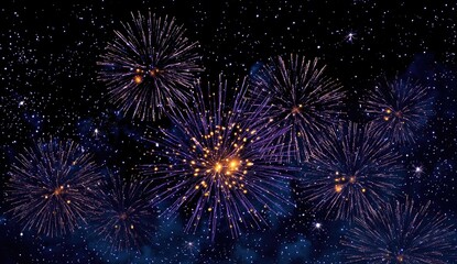 Naklejka premium Fireworks burst in violet and gold against a starry night sky