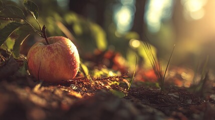 Ripe apple on forest floor with sunlight and blurred background