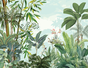 Wallpaper Jungle and Leaves Tropical Forest Mural, Tropical Background, Print for Home Decore. 