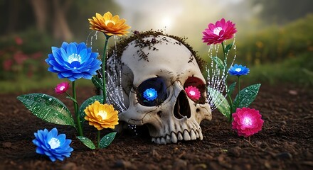 Skull with Colorful Flowers in Nature Scene.