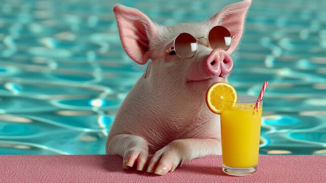 Playful pig wearing sunglasses enjoys refreshing orange drink by the poolside, showcasing a fun summer vibe with vibrant colors and a relaxed atmosphere in a whimsical scene of leisure