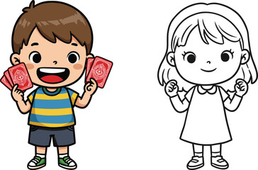 Cartoon children with playing cards, boy and girl characters, colored and outline contrast, fun activity, educational illustration, game concept
