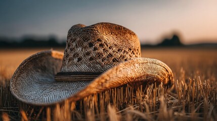 Rustic cowboy hat resting in a wheat field during a golden sunset