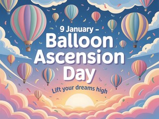Colorful Hot Air Balloon Ascension Day Poster with Bright Sky and Adventure Spirit for 9 January Celebration