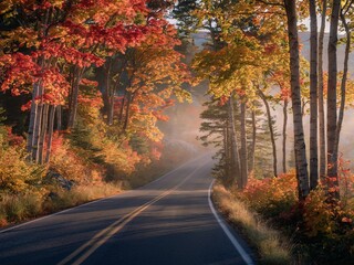 Fototapeta premium Autumn Forest Road With Colorful Leaves and Misty Sunrise Along a Quiet Country Path