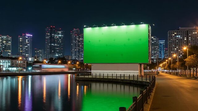 Green billboard by waterfront at night, city skyline background