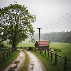 Countryside Road with Small House and Trees.