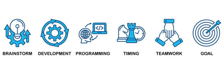 Hackathon icon set In Blue Monochrome Flat Design, Vector Illustration concept relate to icon of design sprint-like social coding event with icon of brainstorm, development, programming, timing, speed